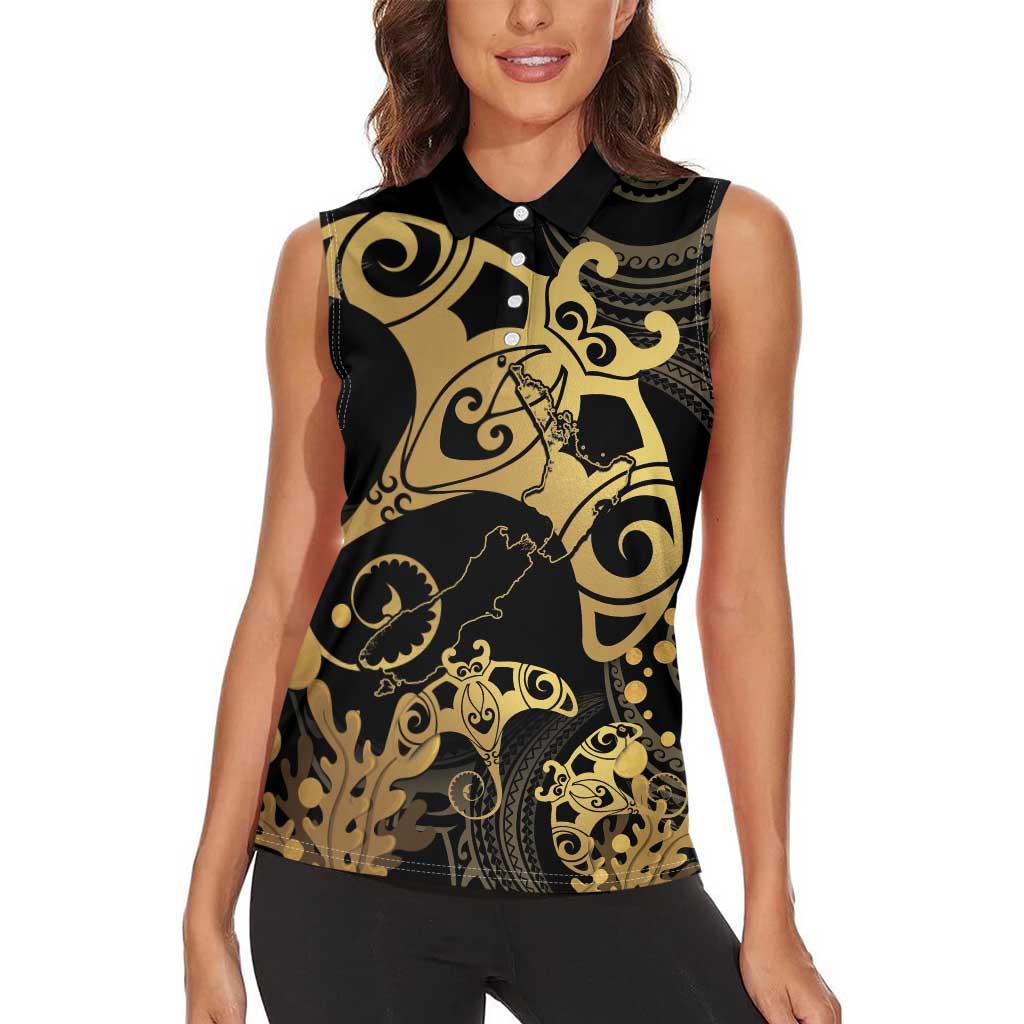 Black And Gold Aotearoa Whai Women Sleeveless Polo Shirt NZ Stingrays Maori Curves Style
