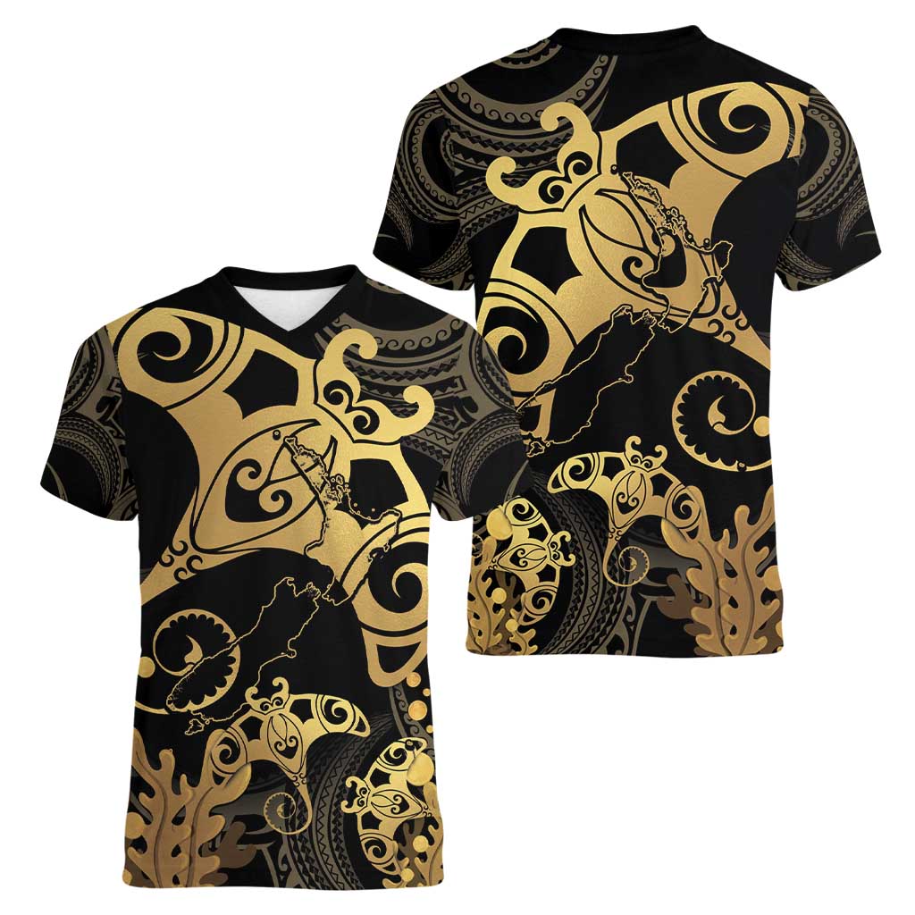 Black And Gold Aotearoa Whai Women V-Neck T-Shirt NZ Stingrays Maori Curves Style