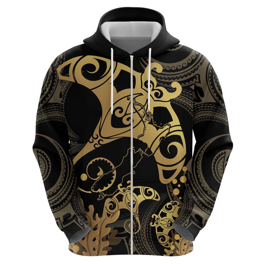 Black And Gold Aotearoa Whai Zip Hoodie NZ Stingrays Maori Curves Style LT14 - Polynesian Pride