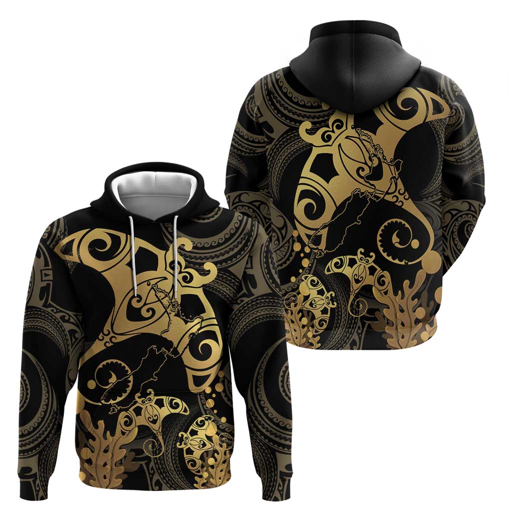 Black And Gold Aotearoa Whai Zip Hoodie NZ Stingrays Maori Curves Style LT14 - Polynesian Pride