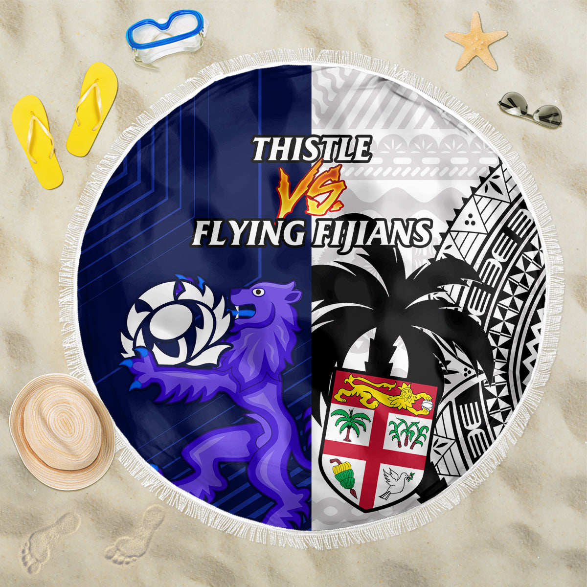 Fiji And Scotland Rugby Beach Blanket Fijian Tapa Pattern With Thistle LT14 One Size 150cm Blue - Wonder Print Shop