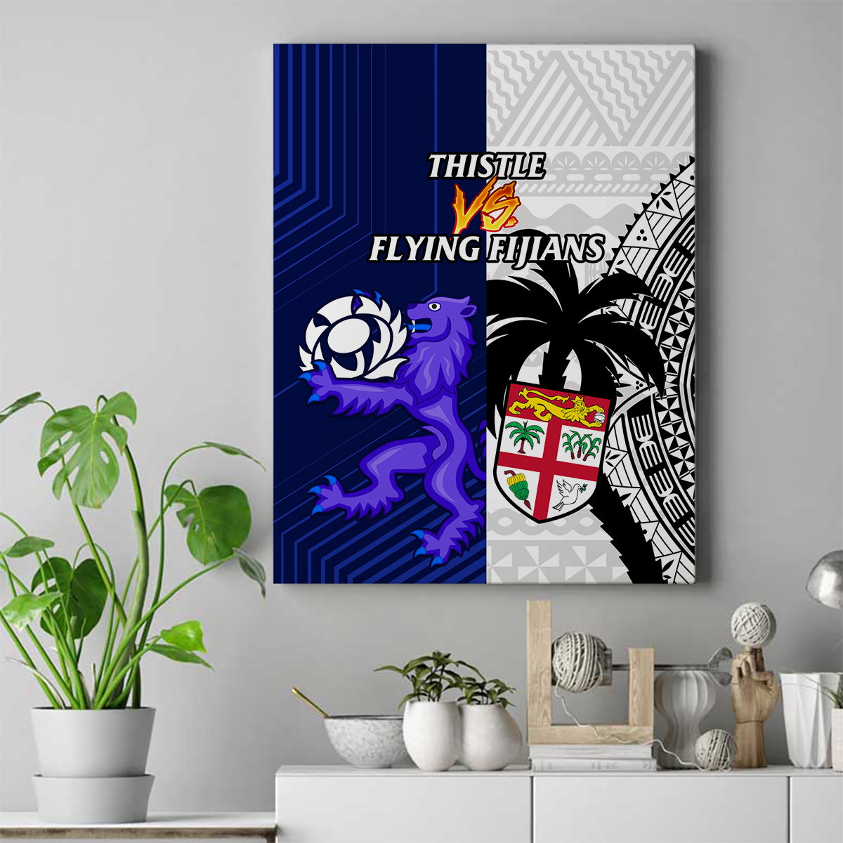 Fiji And Scotland Rugby Canvas Wall Art Fijian Tapa Pattern With Thistle LT14 Blue - Polynesian Pride
