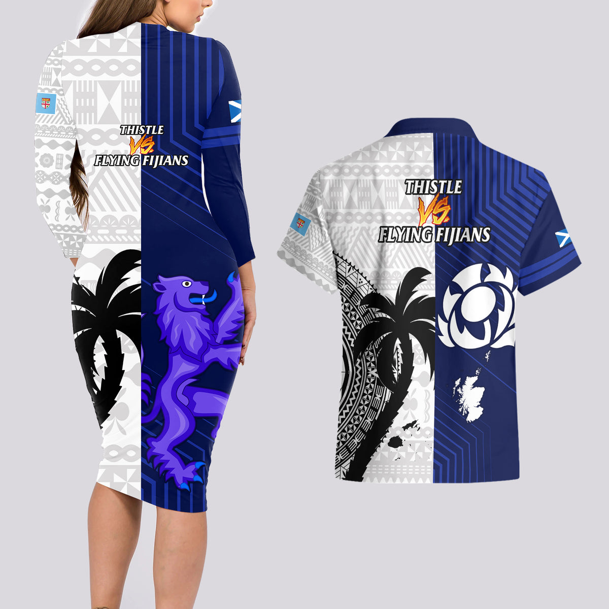 Fiji And Scotland Rugby Couples Matching Long Sleeve Bodycon Dress and Hawaiian Shirt Fijian Tapa Pattern With Thistle LT14 - Polynesian Pride