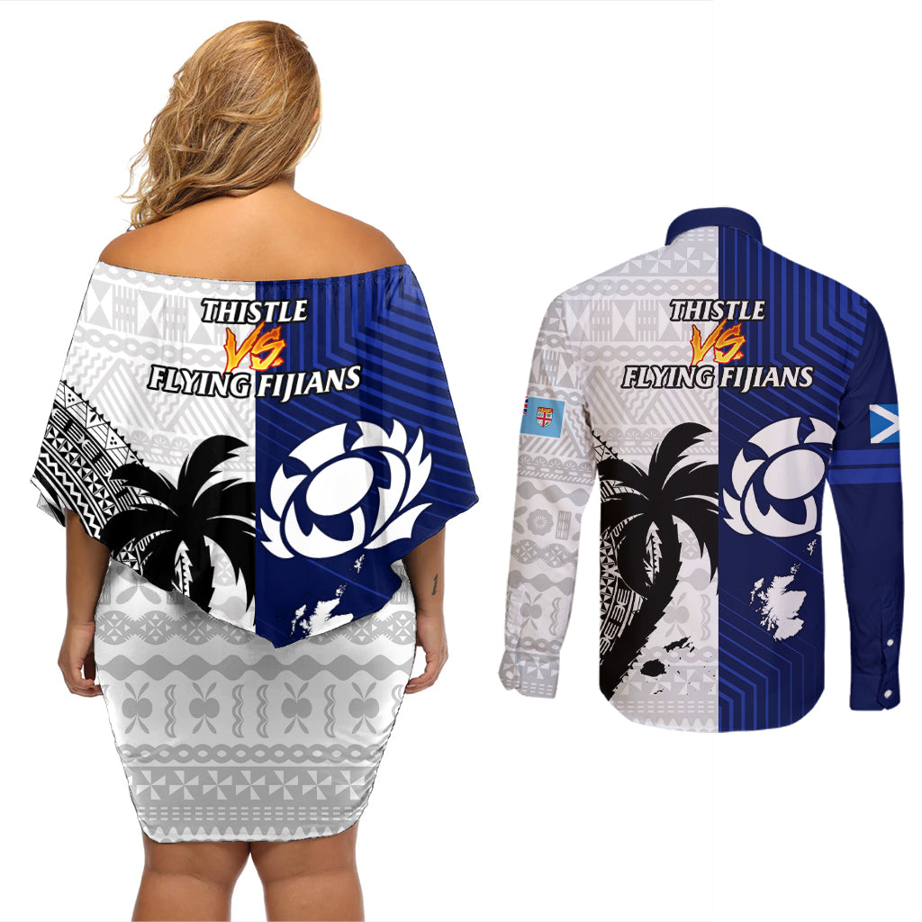 Fiji And Scotland Rugby Couples Matching Off Shoulder Short Dress and Long Sleeve Button Shirts Fijian Tapa Pattern With Thistle LT14 - Polynesian Pride