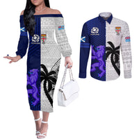 Fiji And Scotland Rugby Couples Matching Off The Shoulder Long Sleeve Dress and Long Sleeve Button Shirts Fijian Tapa Pattern With Thistle LT14 Blue - Polynesian Pride