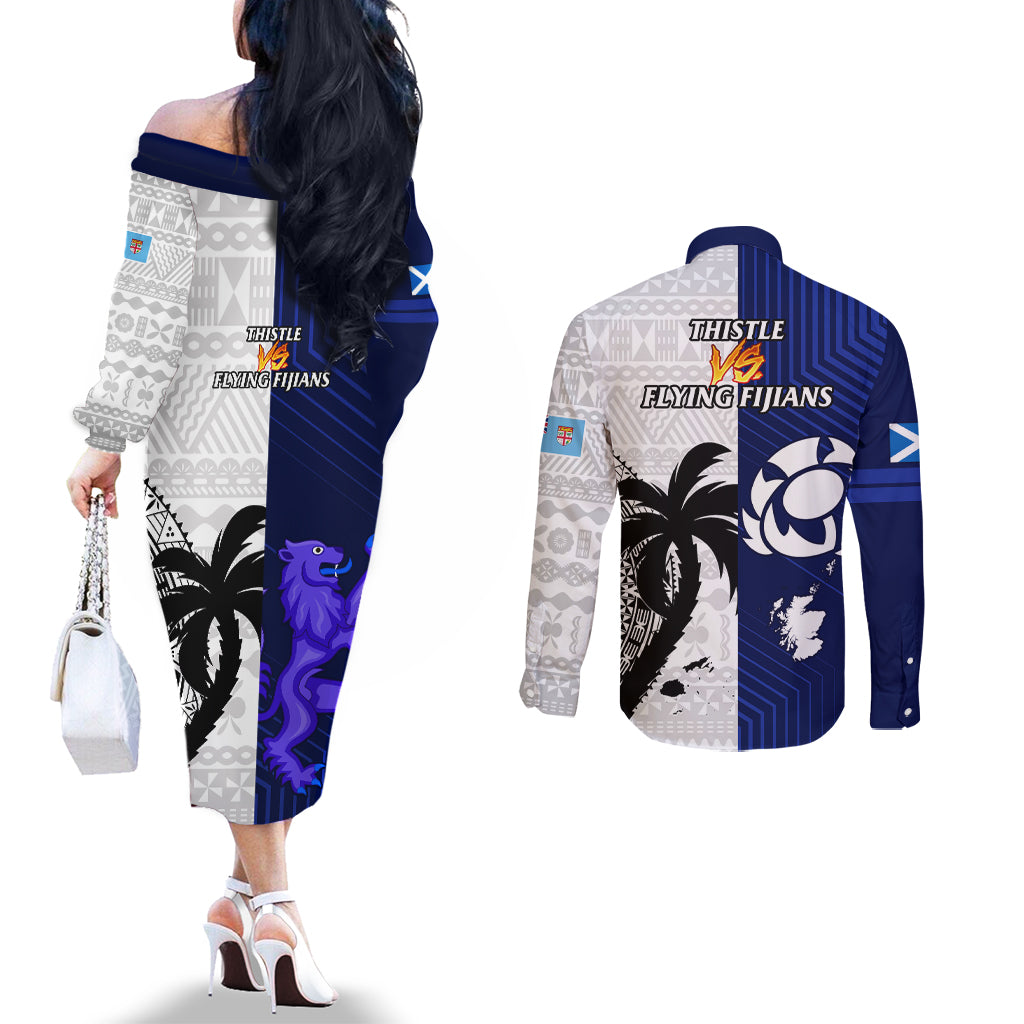 Fiji And Scotland Rugby Couples Matching Off The Shoulder Long Sleeve Dress and Long Sleeve Button Shirts Fijian Tapa Pattern With Thistle LT14 - Polynesian Pride