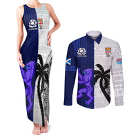 Fiji And Scotland Rugby Couples Matching Tank Maxi Dress and Long Sleeve Button Shirts Fijian Tapa Pattern With Thistle LT14 Blue - Polynesian Pride