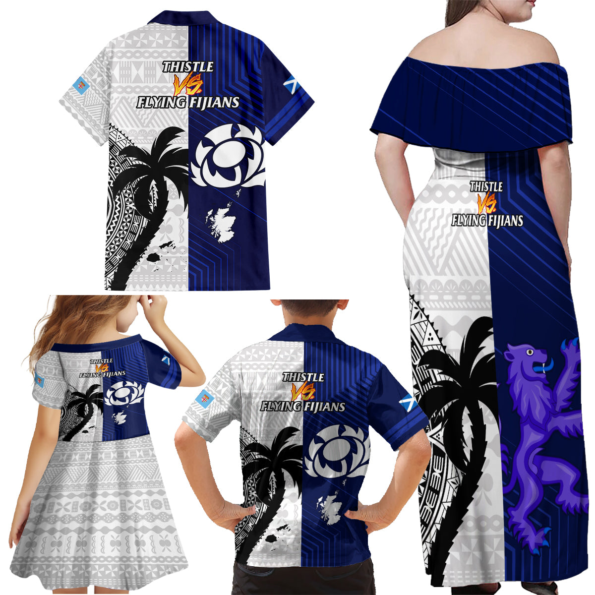 Fiji And Scotland Rugby Family Matching Off Shoulder Maxi Dress and Hawaiian Shirt Fijian Tapa Pattern With Thistle LT14 - Polynesian Pride