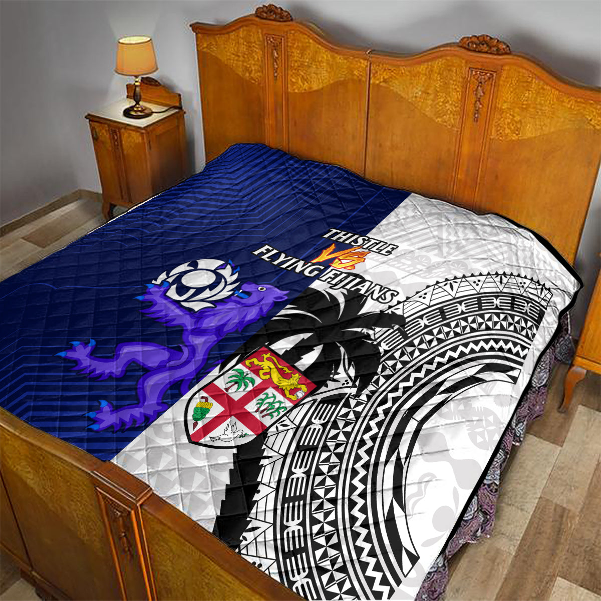 Fiji And Scotland Rugby Quilt Fijian Tapa Pattern With Thistle LT14 - Polynesian Pride