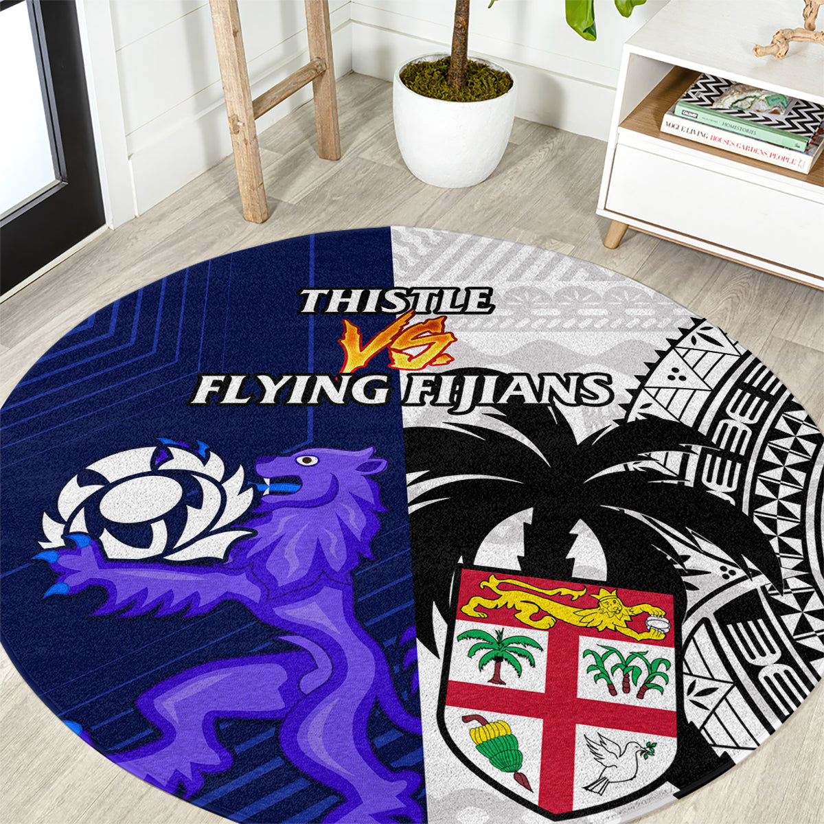 Fiji And Scotland Rugby Round Carpet Fijian Tapa Pattern With Thistle LT14 Blue - Polynesian Pride