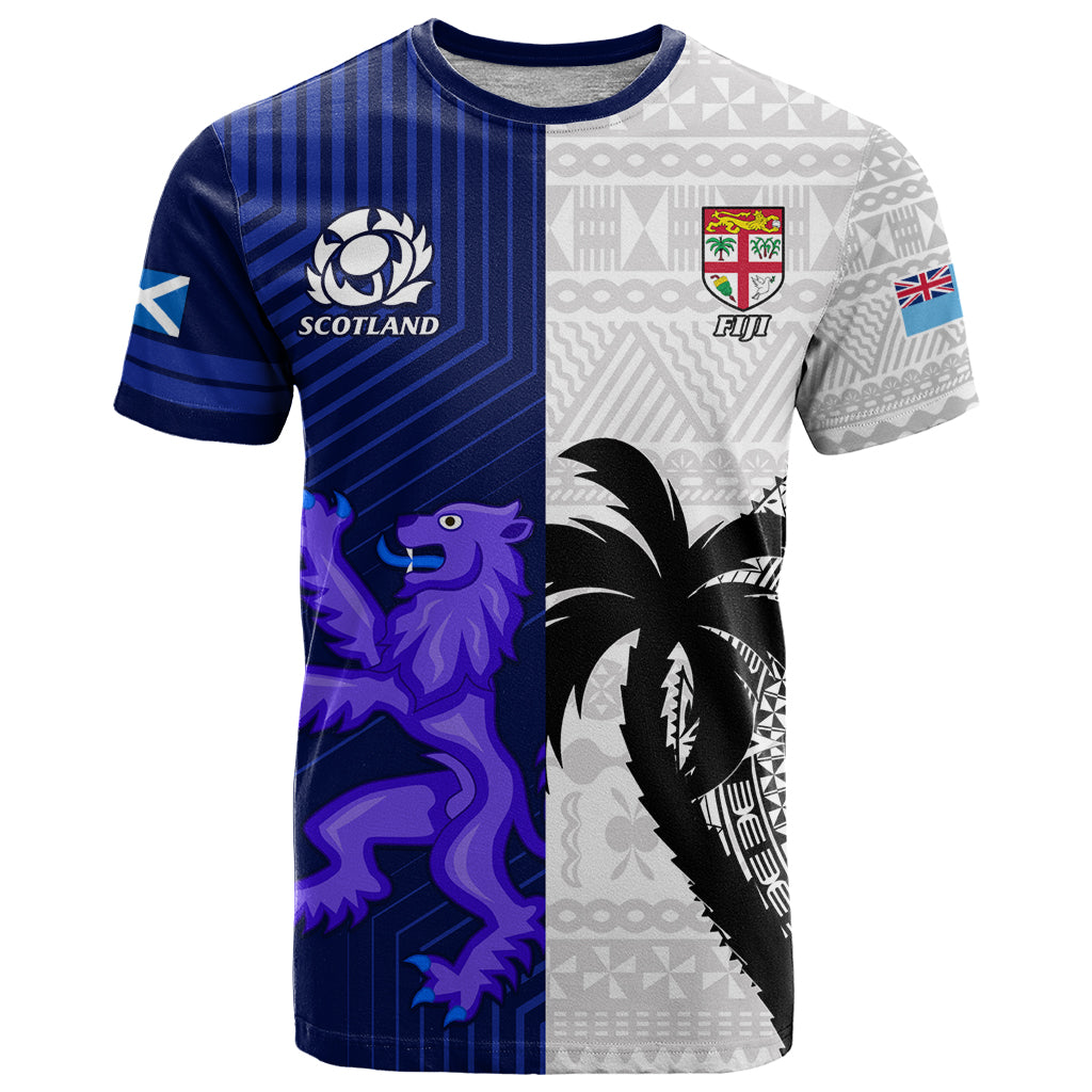 Fiji And Scotland Rugby T Shirt Fijian Tapa Pattern With Thistle LT14 Blue - Polynesian Pride