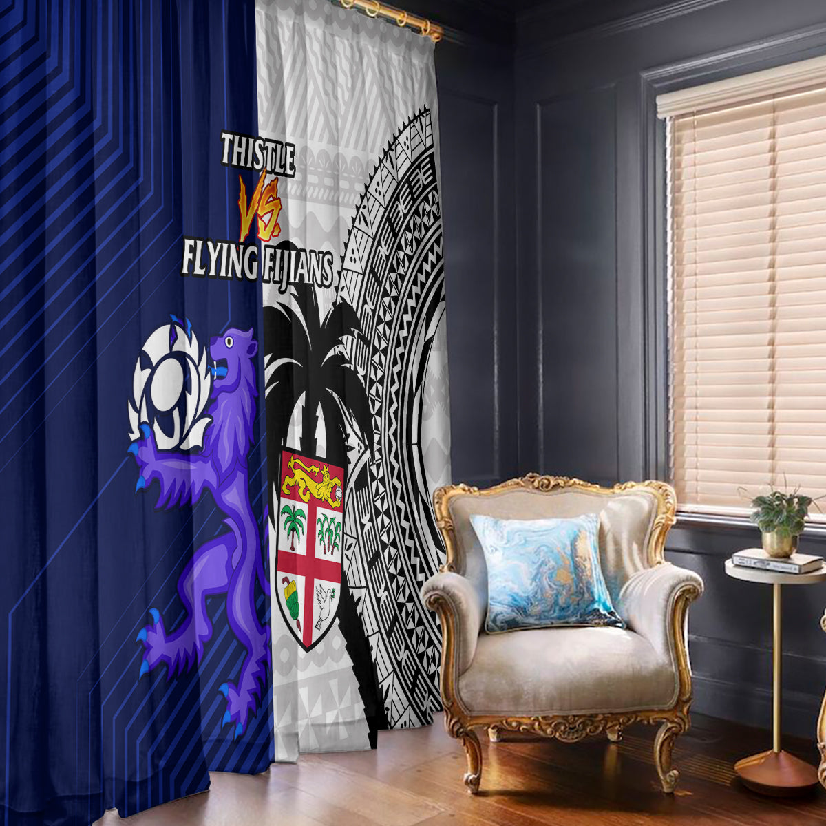 Fiji And Scotland Rugby Window Curtain Fijian Tapa Pattern With Thistle LT14 With Hooks Blue - Polynesian Pride