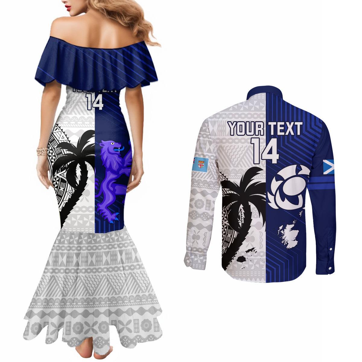 Custom Fiji And Scotland Rugby Couples Matching Mermaid Dress and Long Sleeve Button Shirts Fijian Tapa Pattern With Thistle LT14 - Polynesian Pride