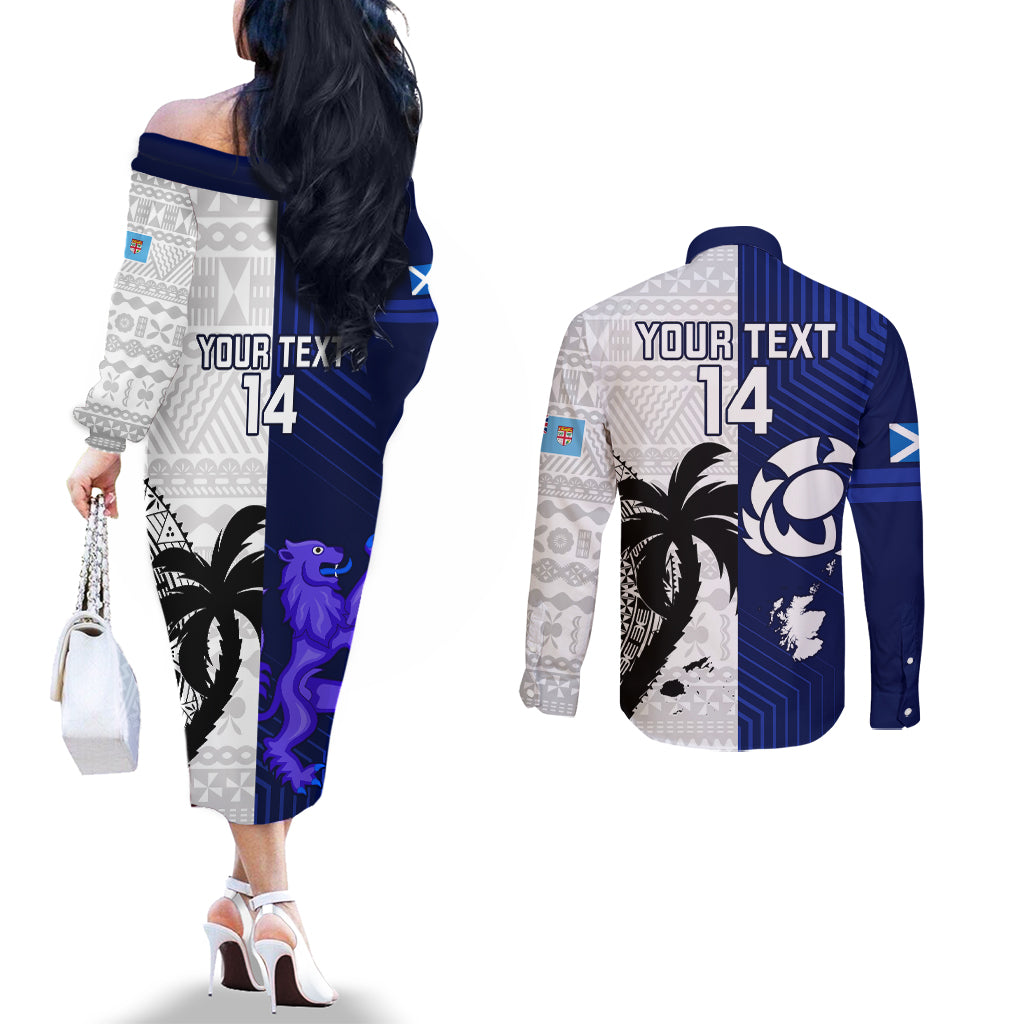 Custom Fiji And Scotland Rugby Couples Matching Off The Shoulder Long Sleeve Dress and Long Sleeve Button Shirts Fijian Tapa Pattern With Thistle LT14 - Polynesian Pride