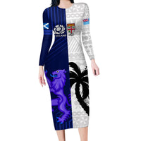 Custom Fiji And Scotland Rugby Family Matching Long Sleeve Bodycon Dress and Hawaiian Shirt Fijian Tapa Pattern With Thistle LT14 Mom's Dress Blue - Polynesian Pride
