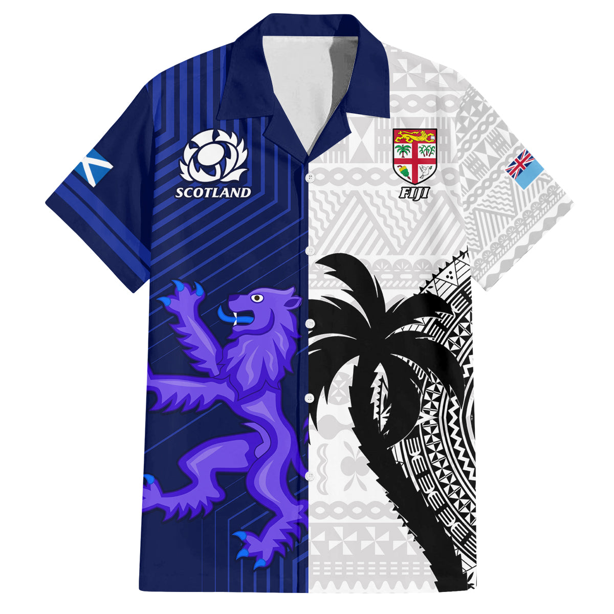 Custom Fiji And Scotland Rugby Family Matching Off Shoulder Maxi Dress and Hawaiian Shirt Fijian Tapa Pattern With Thistle LT14 Dad's Shirt - Short Sleeve Blue - Polynesian Pride