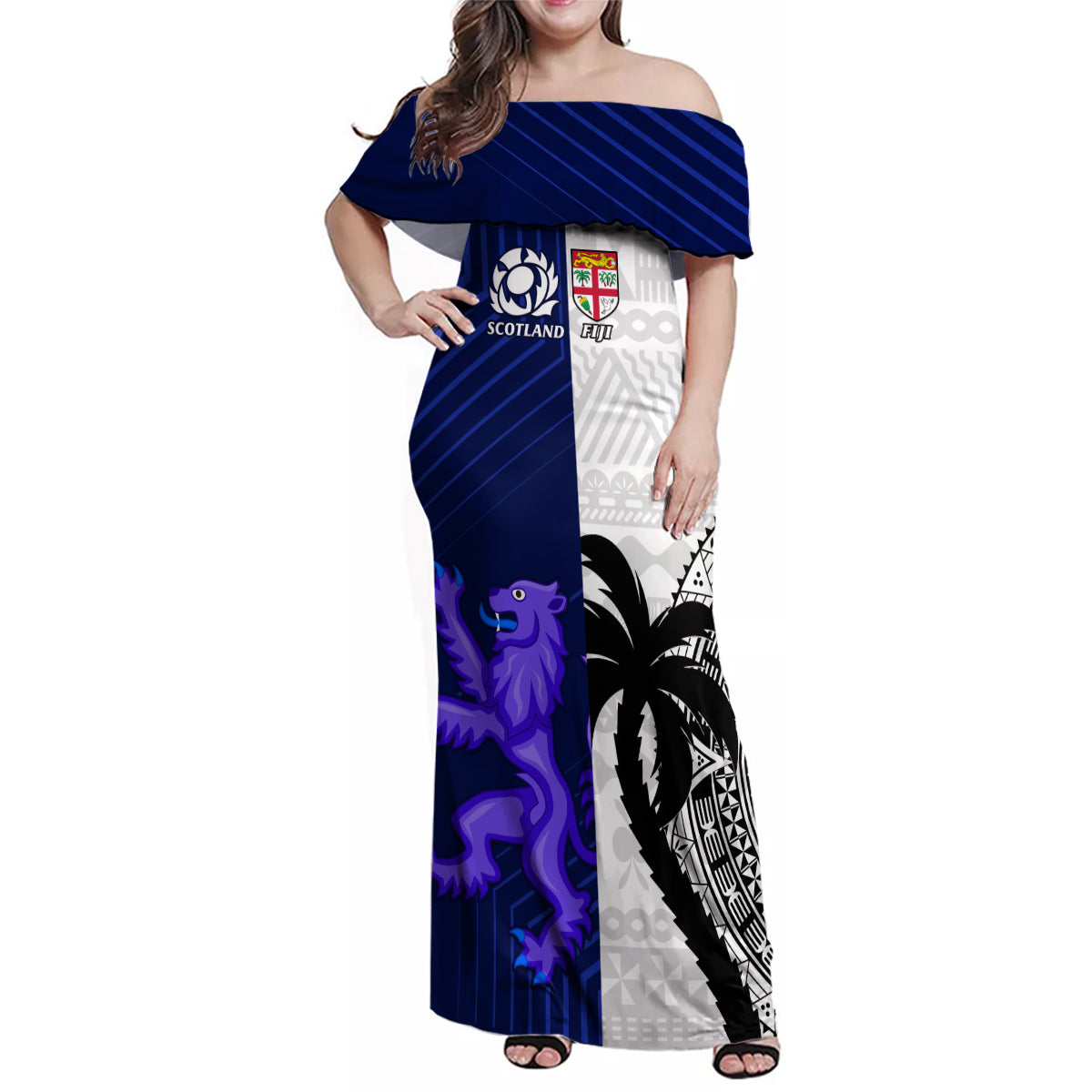 Custom Fiji And Scotland Rugby Family Matching Off Shoulder Maxi Dress and Hawaiian Shirt Fijian Tapa Pattern With Thistle LT14 Mom's Dress Blue - Polynesian Pride