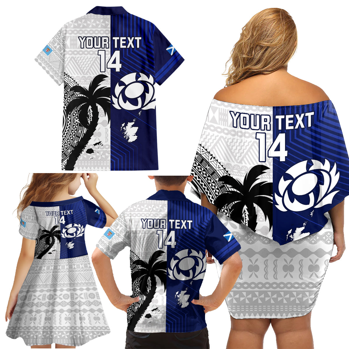Custom Fiji And Scotland Rugby Family Matching Off Shoulder Short Dress and Hawaiian Shirt Fijian Tapa Pattern With Thistle LT14 - Polynesian Pride