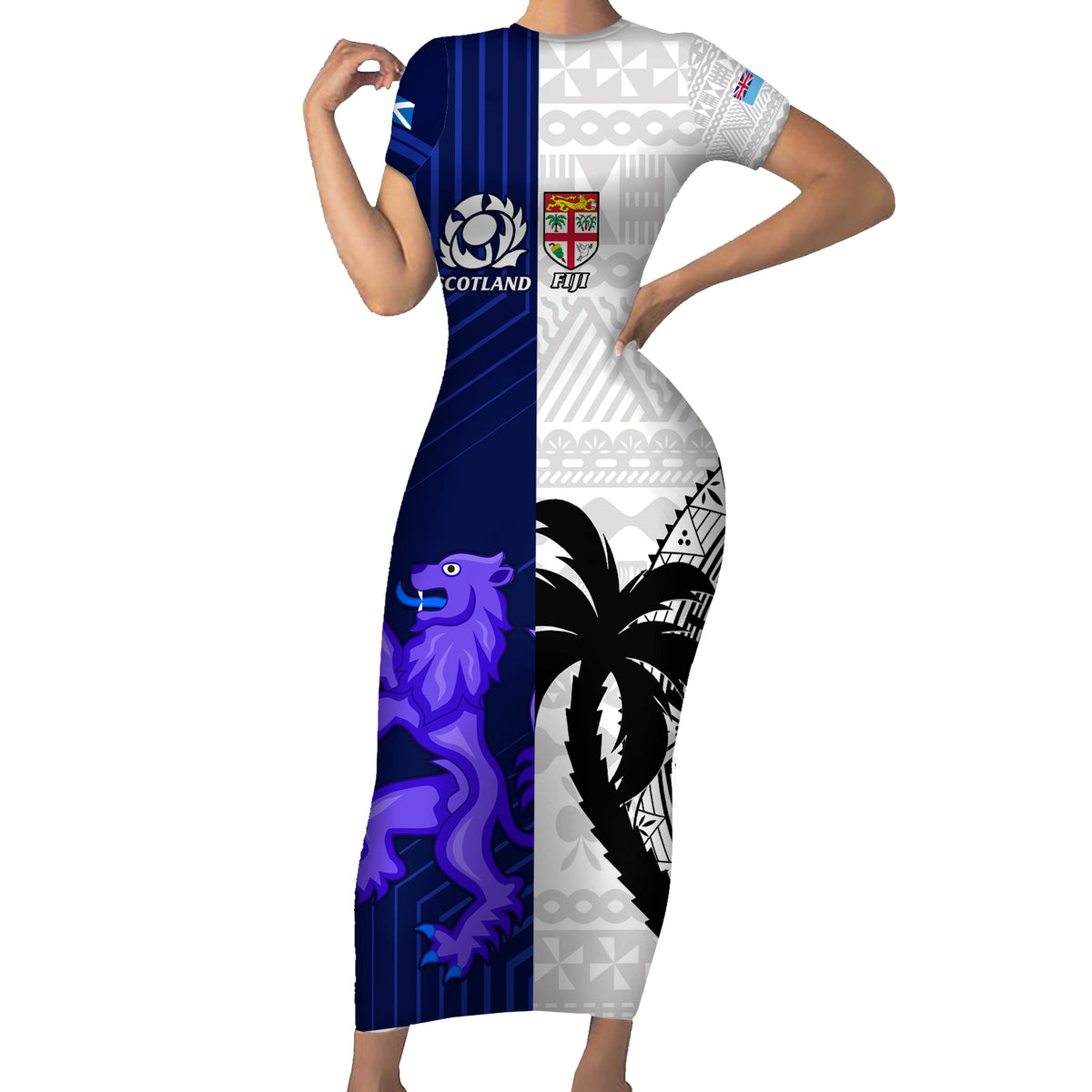 Custom Fiji And Scotland Rugby Family Matching Short Sleeve Bodycon Dress and Hawaiian Shirt Fijian Tapa Pattern With Thistle LT14 Mom's Dress Blue - Polynesian Pride