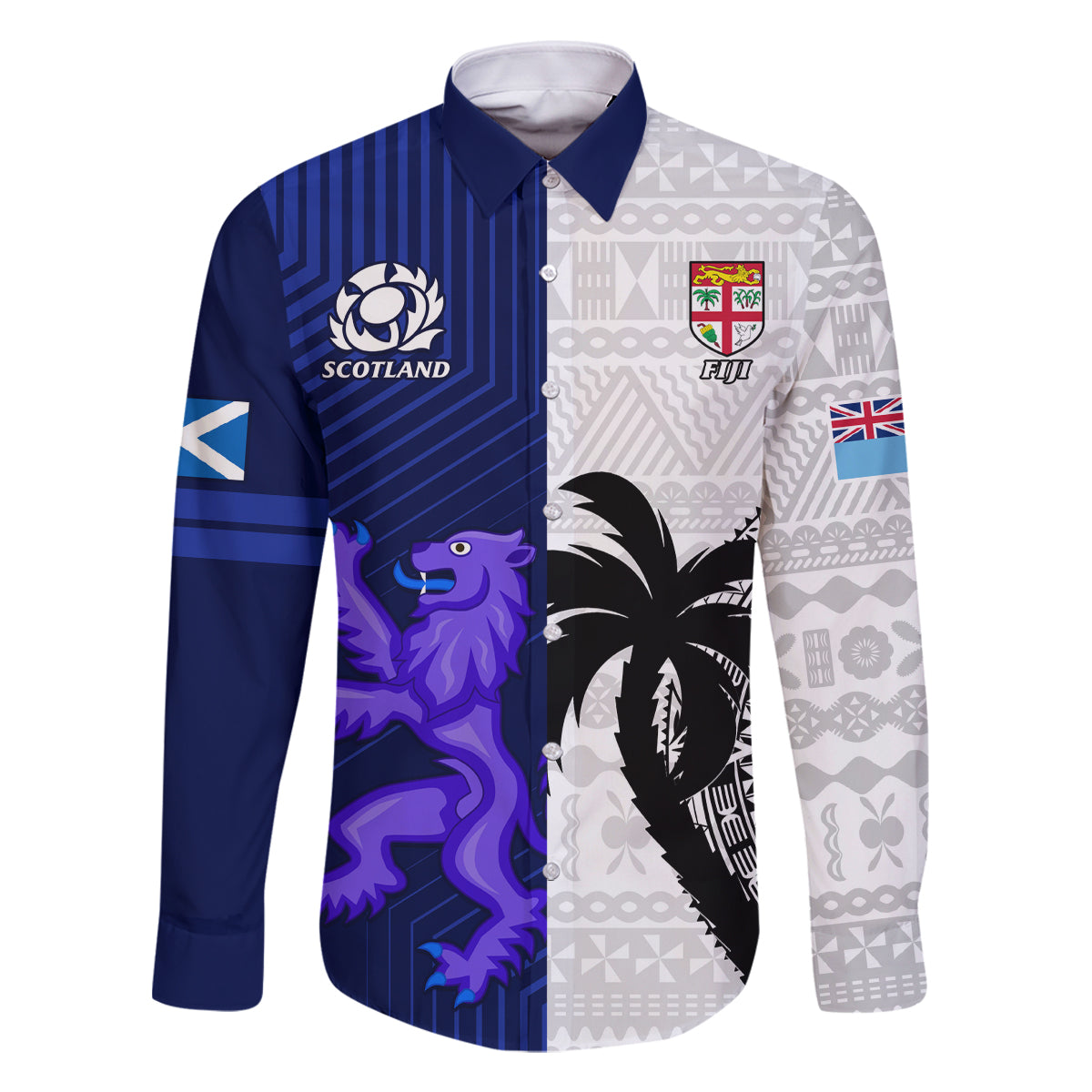 Custom Fiji And Scotland Rugby Family Matching Summer Maxi Dress and Hawaiian Shirt Fijian Tapa Pattern With Thistle LT14 Dad's Shirt - Long Sleeve Blue - Polynesian Pride