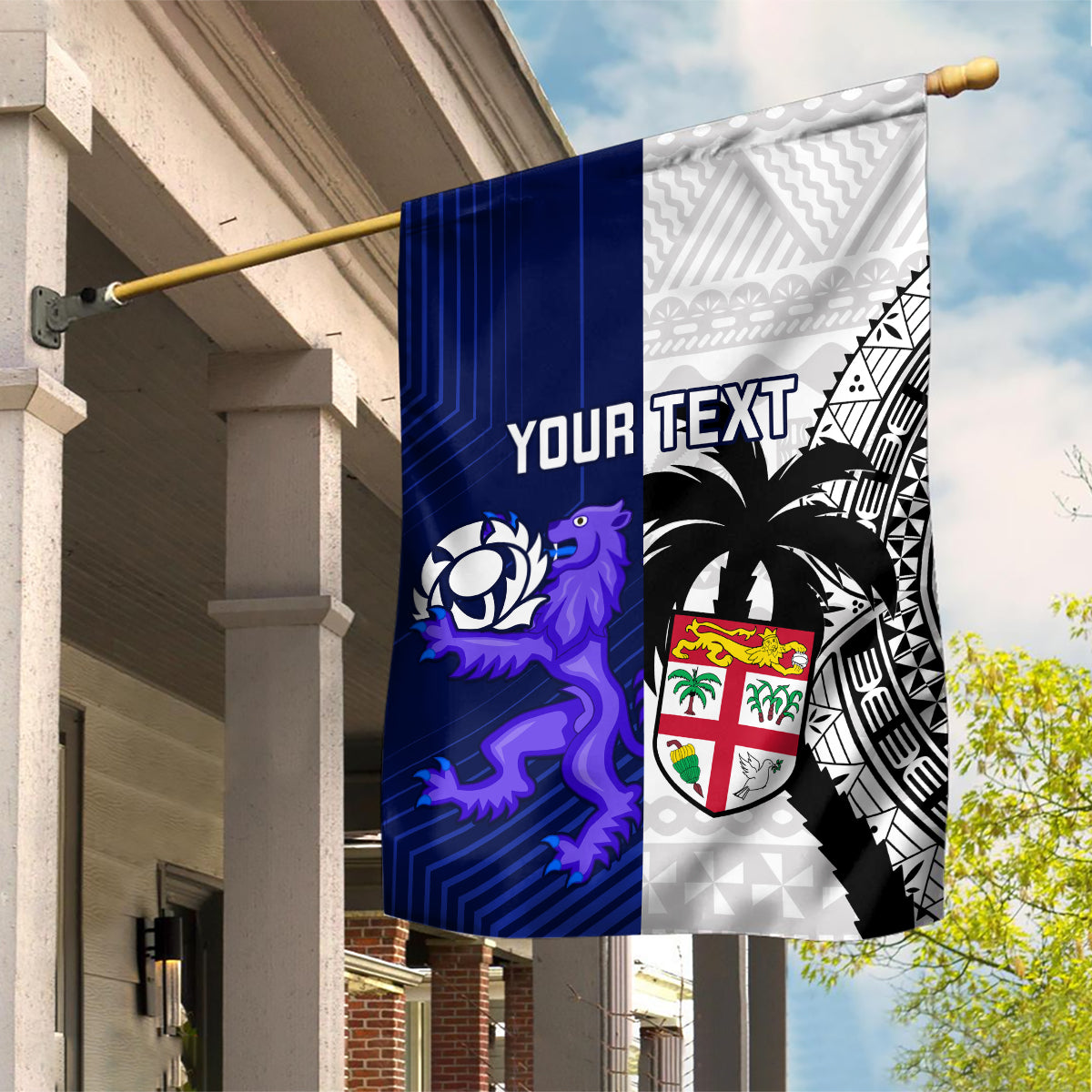 Custom Fiji And Scotland Rugby Garden Flag Fijian Tapa Pattern With Thistle LT14 House Flag Blue - Polynesian Pride
