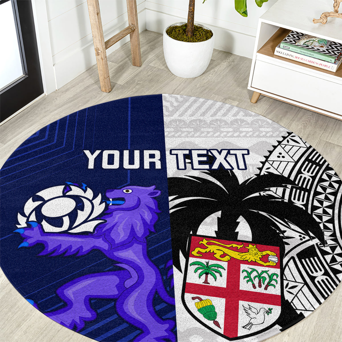 Custom Fiji And Scotland Rugby Round Carpet Fijian Tapa Pattern With Thistle LT14 Blue - Polynesian Pride