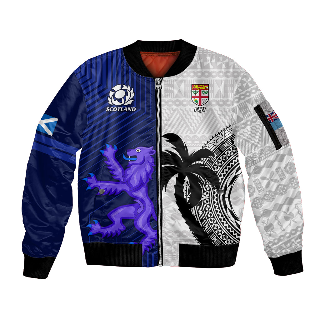 Custom Fiji And Scotland Rugby Sleeve Zip Bomber Jacket Fijian Tapa Pattern With Thistle LT14 Unisex Blue - Polynesian Pride