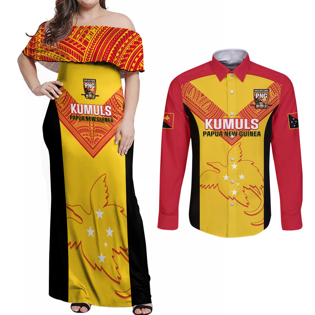 Custom Papua New Guinea Rubgby Couples Matching Off Shoulder Maxi Dress and Long Sleeve Button Shirts Pacific 2023 Go PNG Kumuls LT14 Yellow - Polynesian Pride