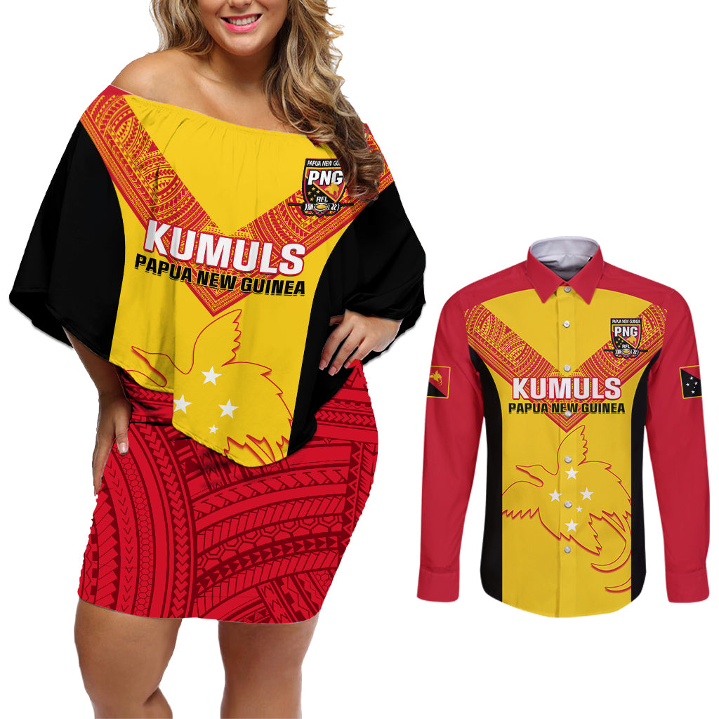 Custom Papua New Guinea Rubgby Couples Matching Off Shoulder Short Dress and Long Sleeve Button Shirts Pacific 2023 Go PNG Kumuls LT14 Yellow - Polynesian Pride