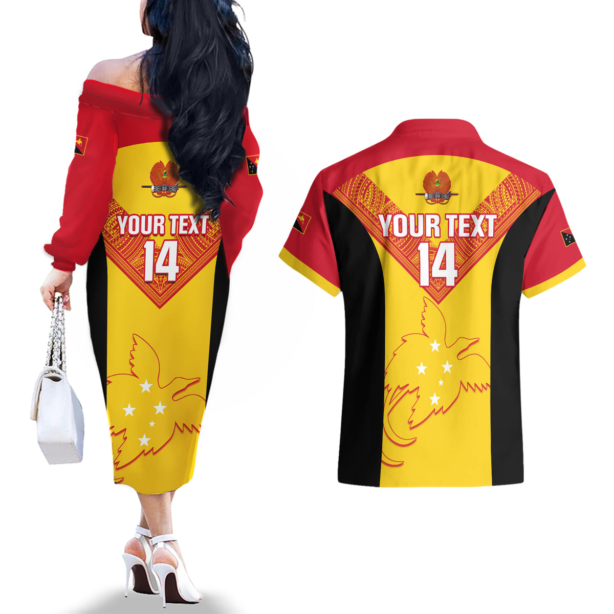 Custom Papua New Guinea Rubgby Couples Matching Off The Shoulder Long Sleeve Dress and Hawaiian Shirt Pacific 2023 Go PNG Kumuls LT14 - Polynesian Pride