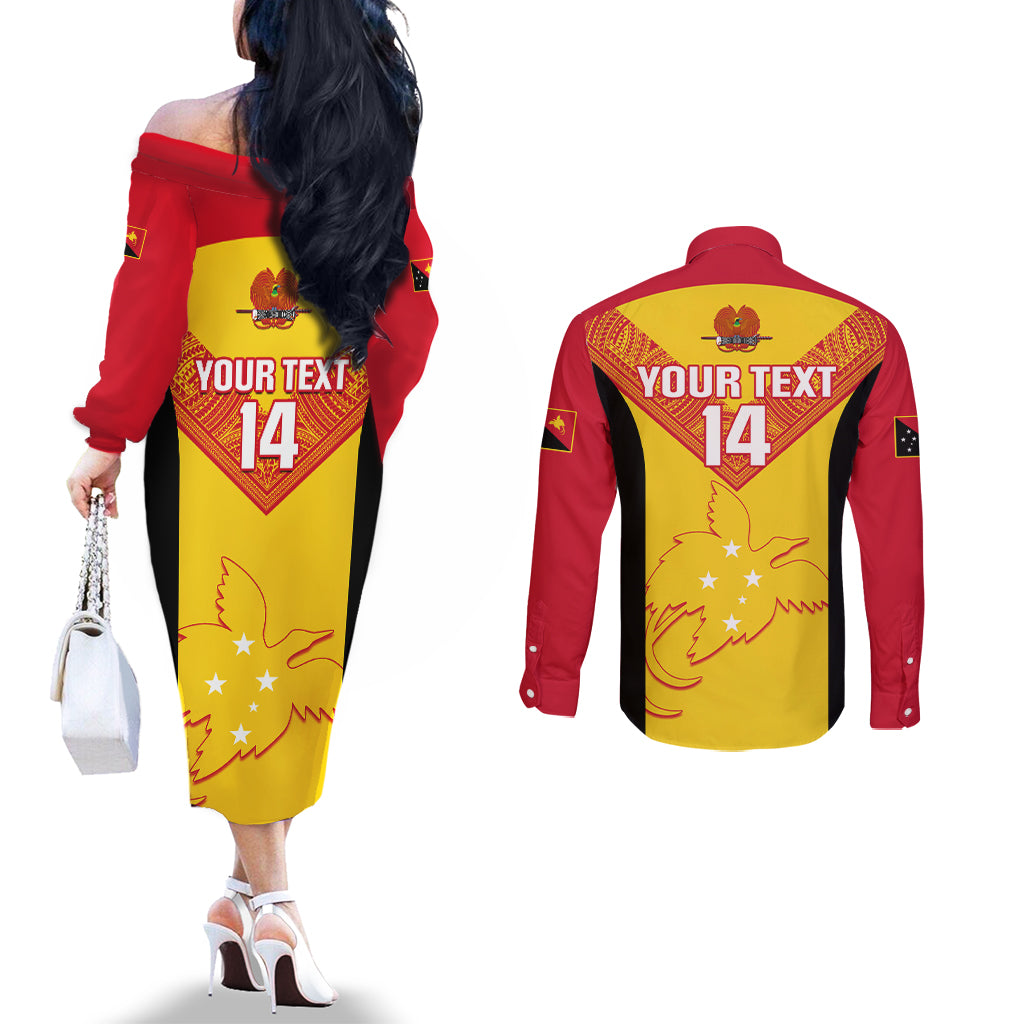Custom Papua New Guinea Rubgby Couples Matching Off The Shoulder Long Sleeve Dress and Long Sleeve Button Shirts Pacific 2023 Go PNG Kumuls LT14 - Polynesian Pride