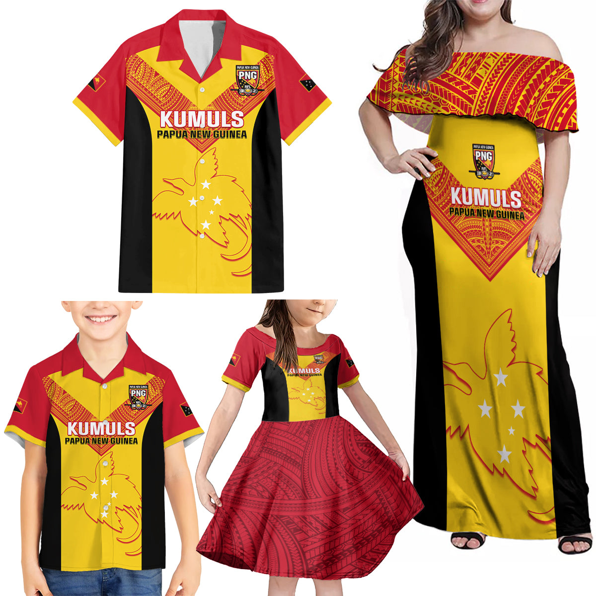 Custom Papua New Guinea Rubgby Family Matching Off Shoulder Maxi Dress and Hawaiian Shirt Pacific 2023 Go PNG Kumuls LT14 - Polynesian Pride
