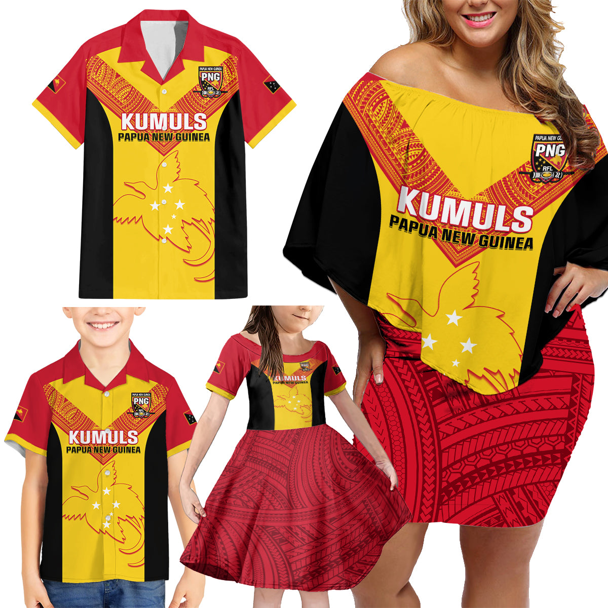 Custom Papua New Guinea Rubgby Family Matching Off Shoulder Short Dress and Hawaiian Shirt Pacific 2023 Go PNG Kumuls LT14 - Polynesian Pride