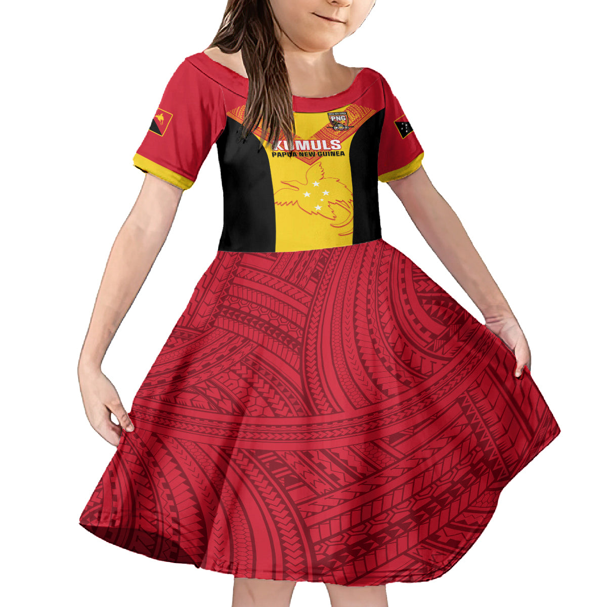 Custom Papua New Guinea Rubgby Kid Short Sleeve Dress Pacific 2023 Go PNG Kumuls LT14 KID Yellow - Polynesian Pride