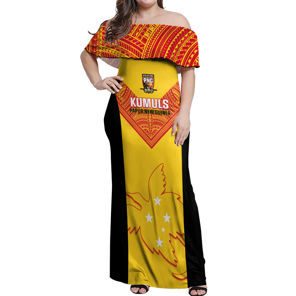 Custom Papua New Guinea Rubgby Off Shoulder Maxi Dress Pacific 2023 Go PNG Kumuls LT14 Women Yellow - Polynesian Pride