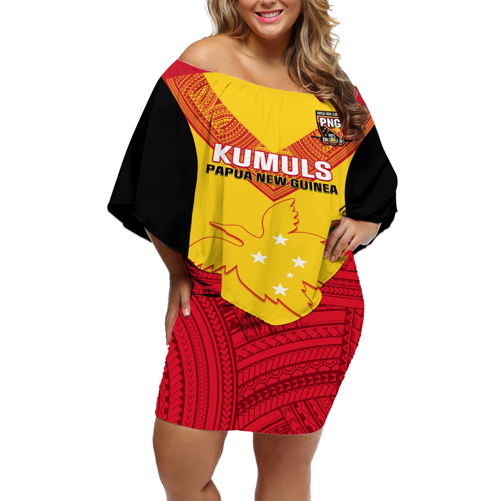 Custom Papua New Guinea Rubgby Off Shoulder Short Dress Pacific 2023 Go PNG Kumuls LT14 Women Yellow - Polynesian Pride