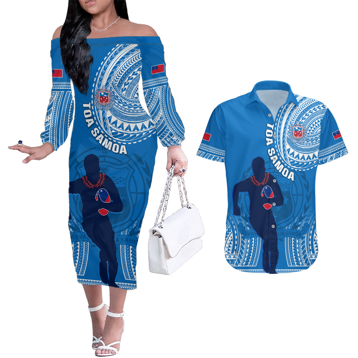 Custom Samoa Rugby Couples Matching Off The Shoulder Long Sleeve Dress and Hawaiian Shirt Pacific 2023 Go Toa Samoa LT14 Blue - Polynesian Pride