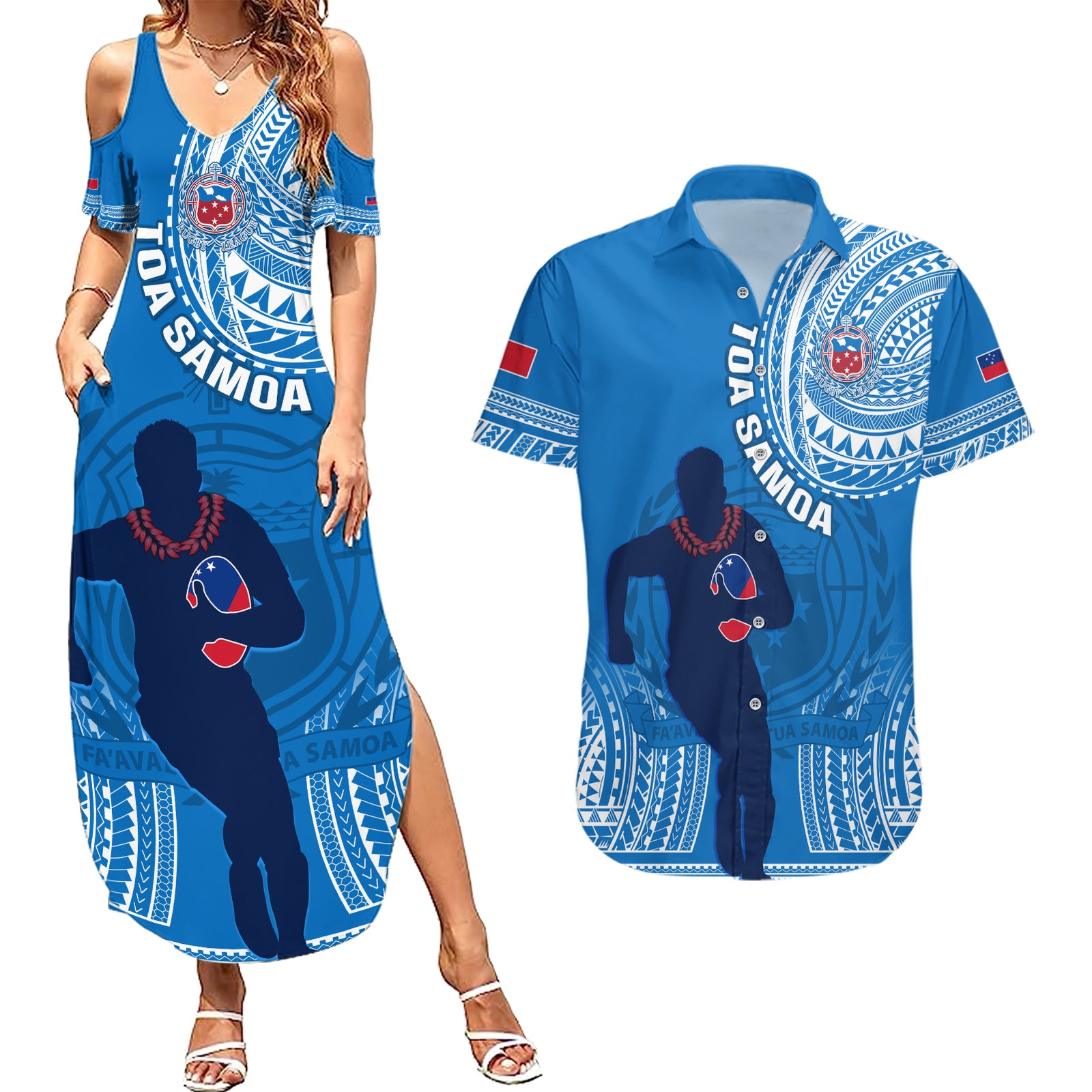 Custom Samoa Rugby Couples Matching Summer Maxi Dress and Hawaiian Shirt Pacific 2023 Go Toa Samoa LT14 Blue - Polynesian Pride