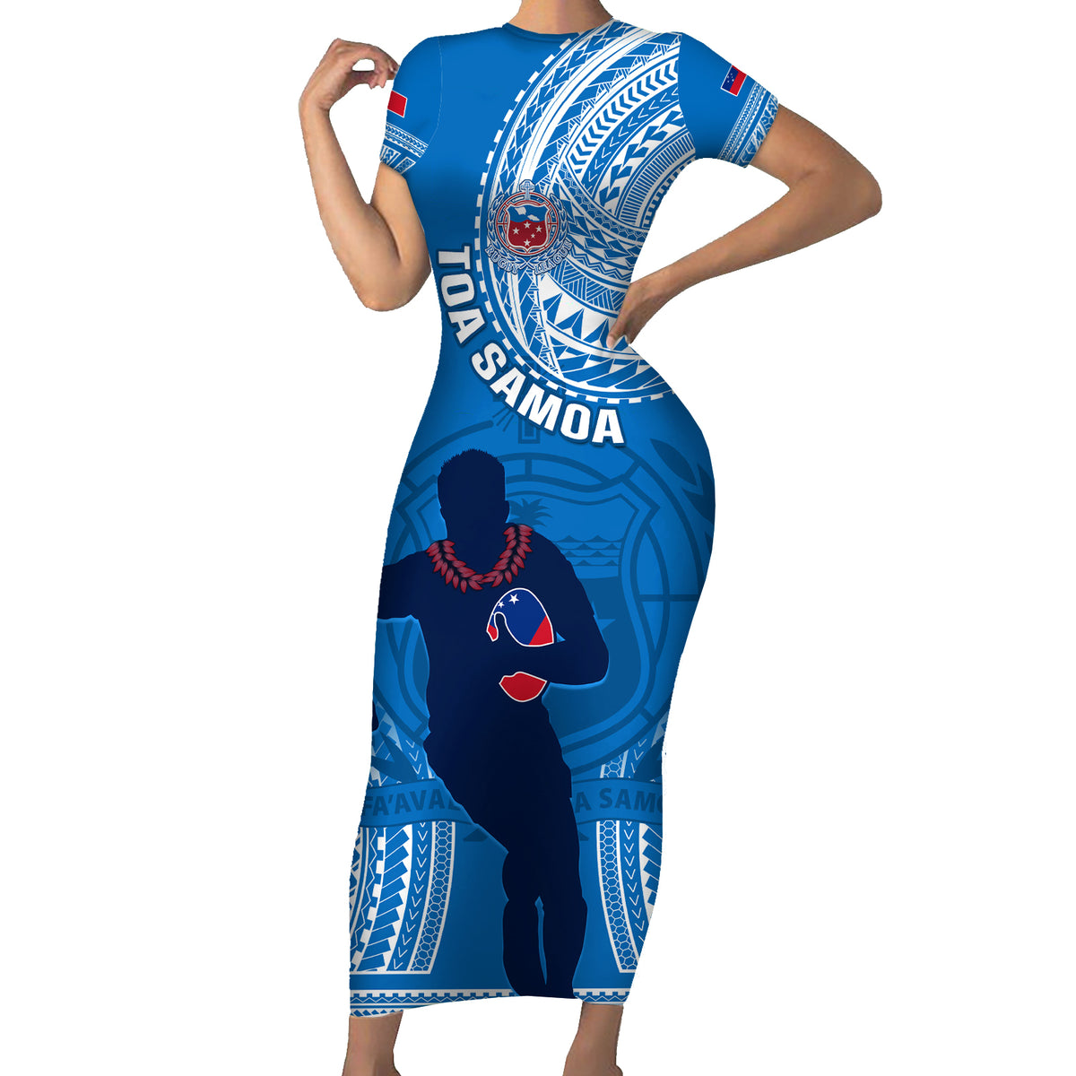 Custom Samoa Rugby Family Matching Short Sleeve Bodycon Dress and Hawaiian Shirt Pacific 2023 Go Toa Samoa LT14 Mom's Dress Blue - Polynesian Pride