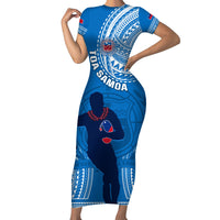 Custom Samoa Rugby Family Matching Short Sleeve Bodycon Dress and Hawaiian Shirt Pacific 2023 Go Toa Samoa LT14 Mom's Dress Blue - Polynesian Pride