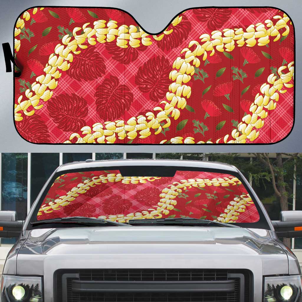 Red Palaka Hawaii Mele Kalikimaka Auto Sun Shade Ohia Lehua Monstera Puakenikeni Lei - Polynesian Pride