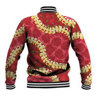 Red Palaka Hawaii Mele Kalikimaka Baseball Jacket Ohia Lehua Monstera Puakenikeni Lei - Polynesian Pride