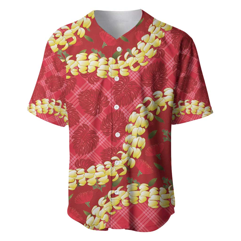 Red Palaka Hawaii Mele Kalikimaka Baseball Jersey Ohia Lehua Monstera Puakenikeni Lei - Polynesian Pride