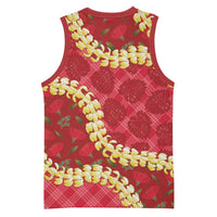 Red Palaka Hawaii Mele Kalikimaka Basketball Jersey Ohia Lehua Monstera Puakenikeni Lei - Polynesian Pride