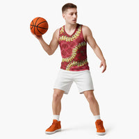 Red Palaka Hawaii Mele Kalikimaka Basketball Jersey Ohia Lehua Monstera Puakenikeni Lei - Polynesian Pride