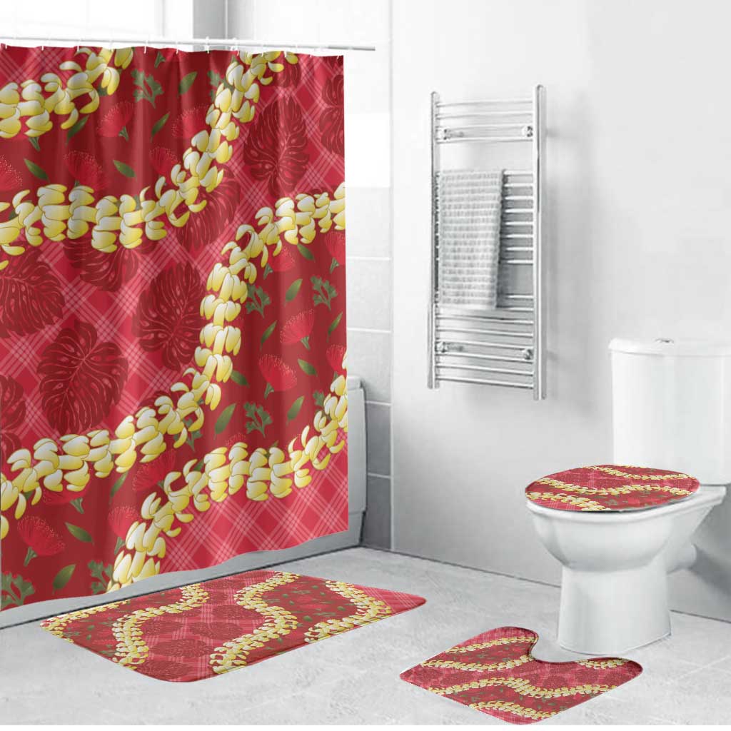 Red Palaka Hawaii Mele Kalikimaka Bathroom Set Ohia Lehua Monstera Puakenikeni Lei - Polynesian Pride