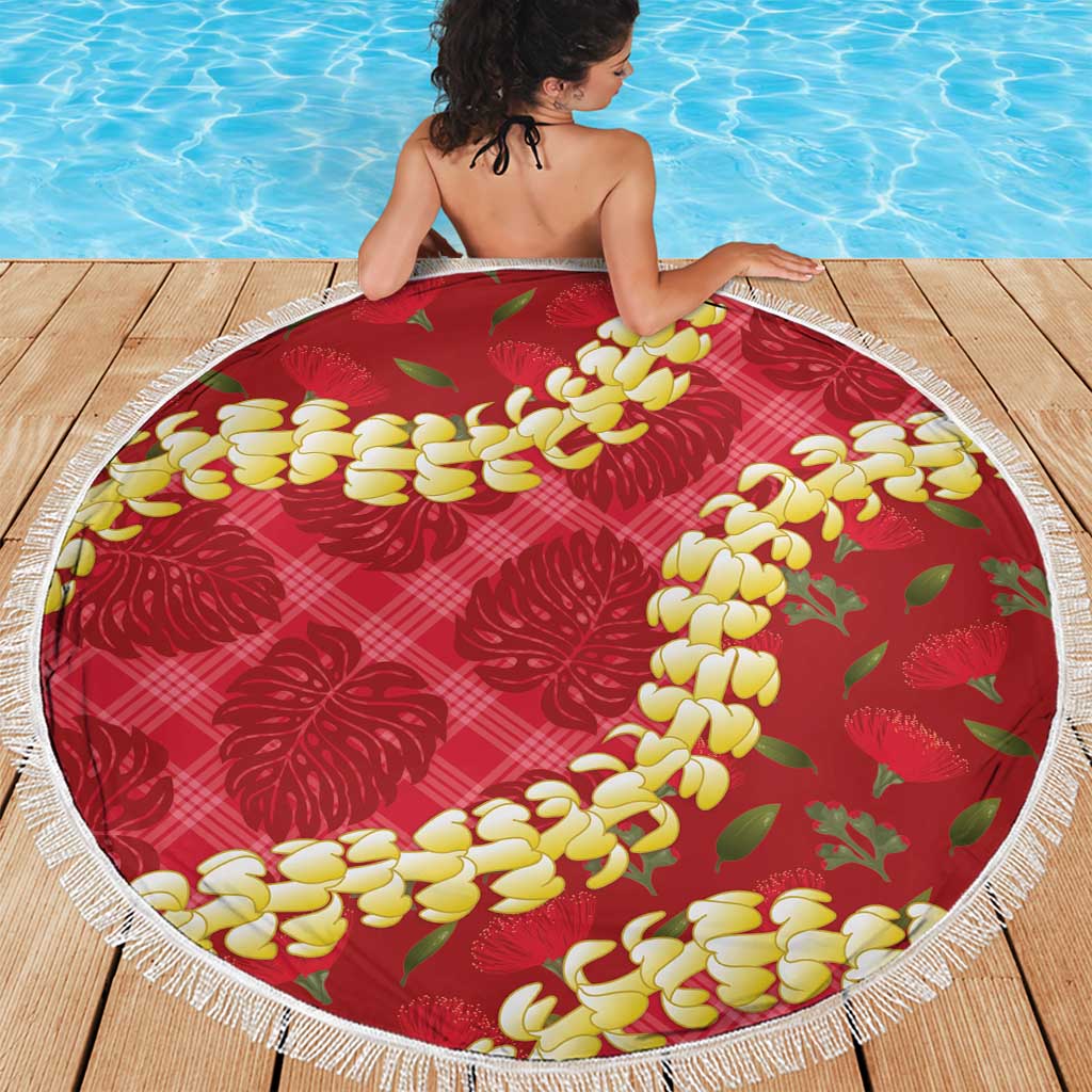 Red Palaka Hawaii Mele Kalikimaka Beach Blanket Ohia Lehua Monstera Puakenikeni Lei - Polynesian Pride