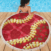 Red Palaka Hawaii Mele Kalikimaka Beach Blanket Ohia Lehua Monstera Puakenikeni Lei - Polynesian Pride