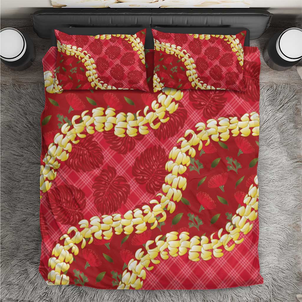 Red Palaka Hawaii Mele Kalikimaka Bedding Set Ohia Lehua Monstera Puakenikeni Lei - Polynesian Pride