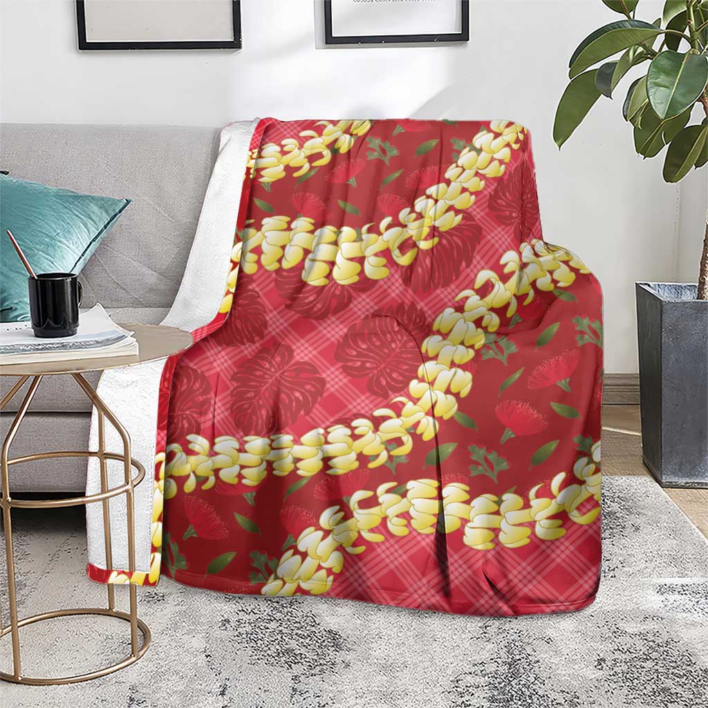 Red Palaka Hawaii Mele Kalikimaka Blanket Ohia Lehua Monstera Puakenikeni Lei - Polynesian Pride